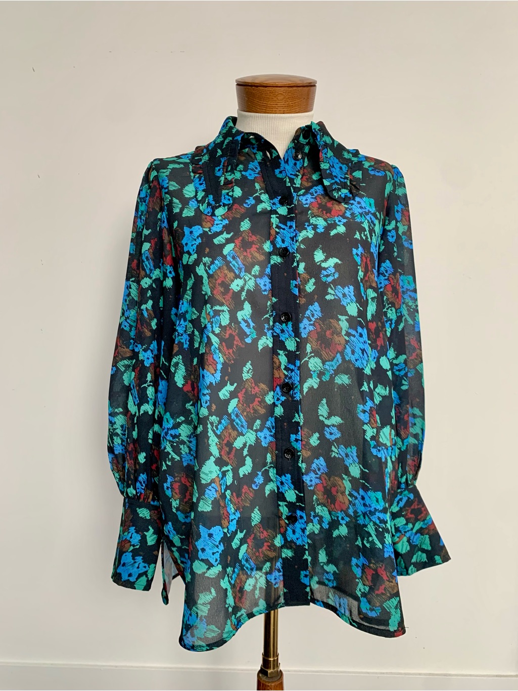 Ganni Floral Sheer Button-Down Blouse In Black, Teal And Blue